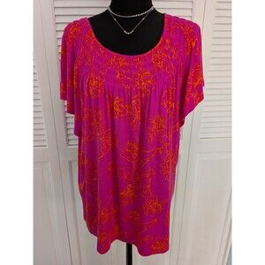 Style & Co Top Womens 2X Fuchsia Pink Orange Vacay Stretch Resort Beach Blouse